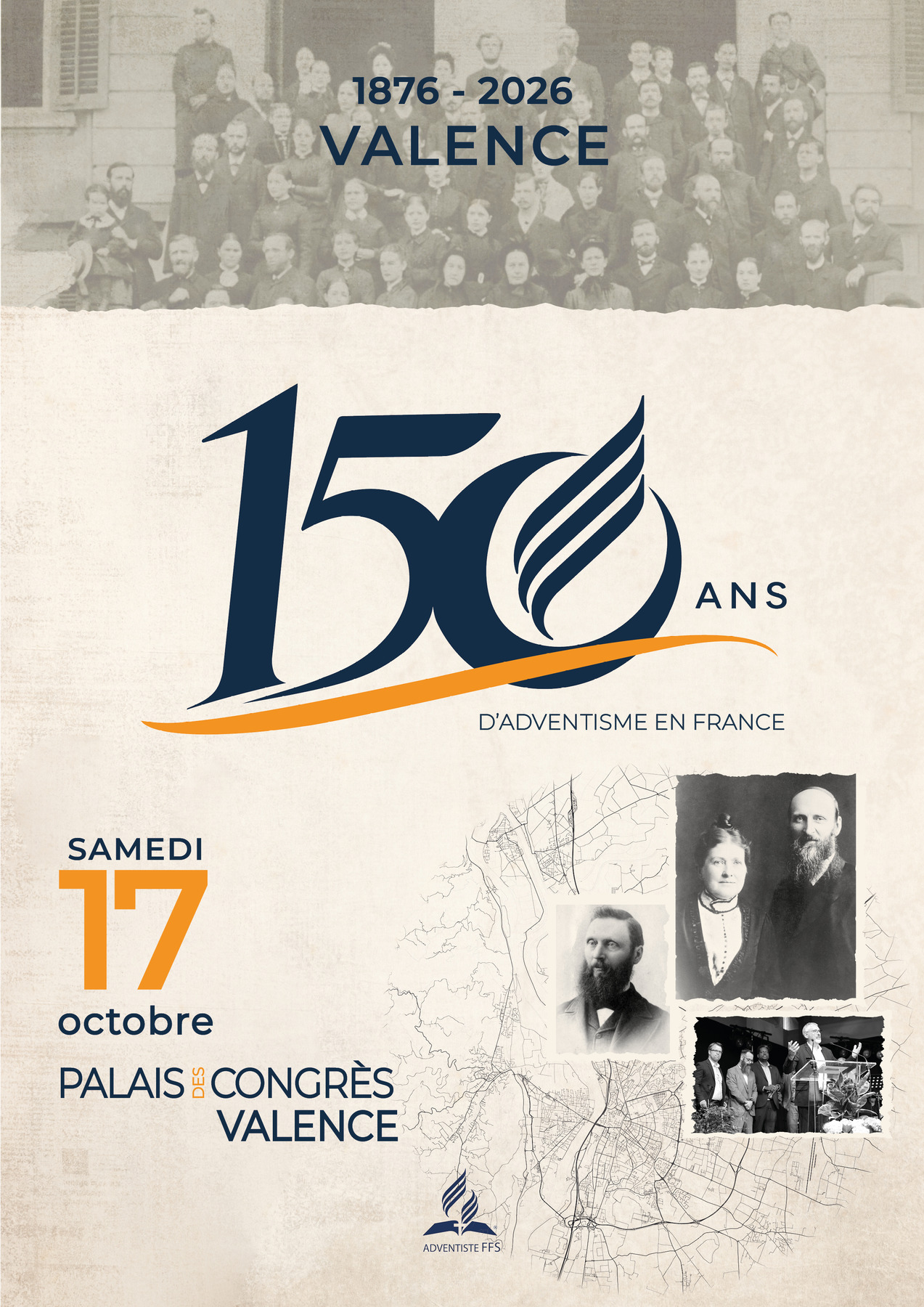 Affiche corrigée des 150 ans d’adventisme en France — 17 octobre 2026 au Palais des congrès de Valence