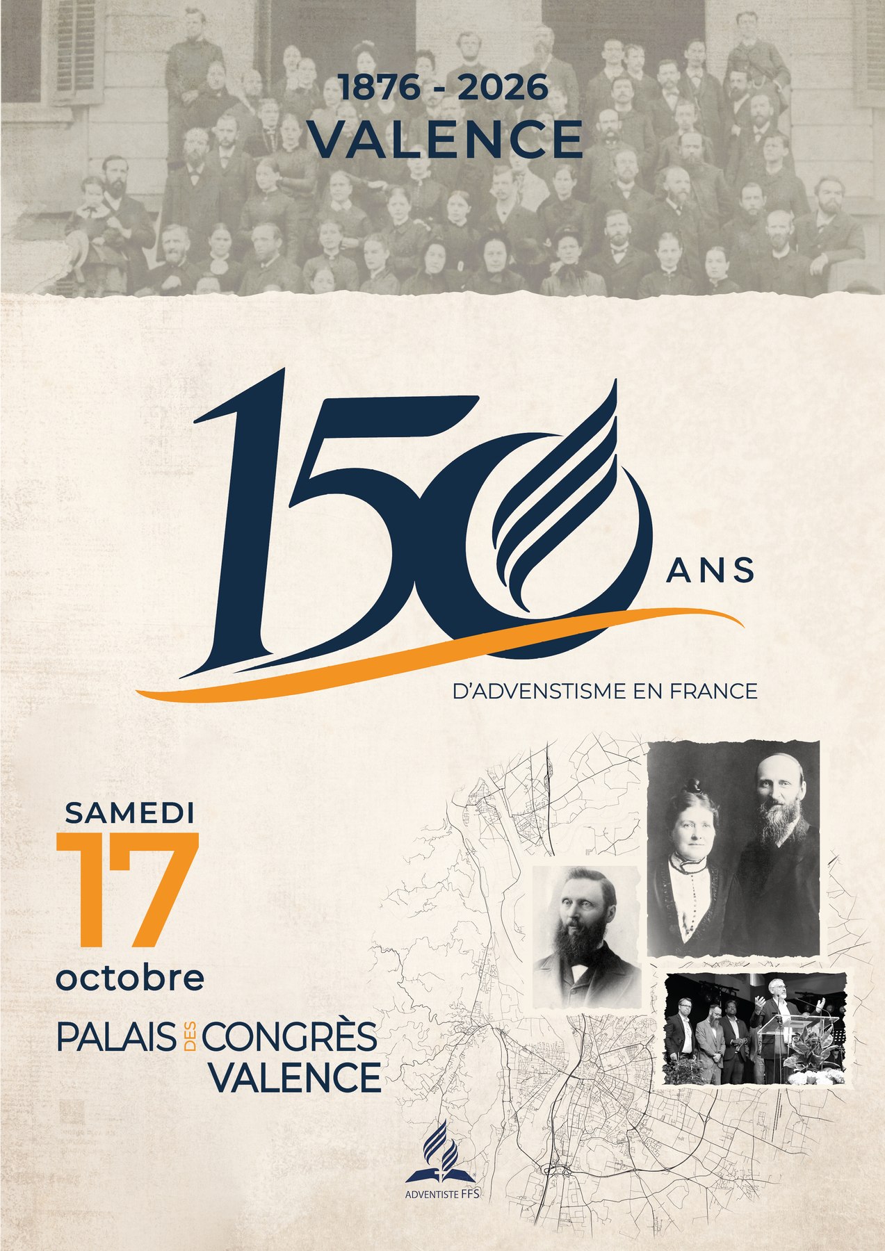 Affiche des 150 ans d’adventisme en France — 17 octobre 2026 au Palais des congrès de Valence