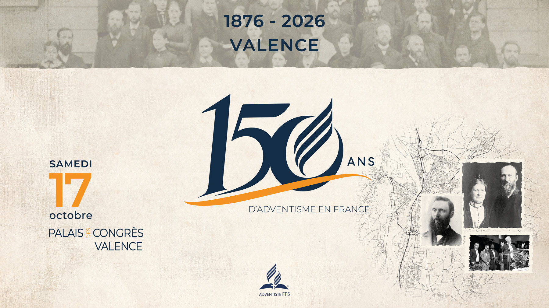 Bannière des 150 ans d’adventisme en France — samedi 17 octobre 2026 au Palais des congrès de Valence
