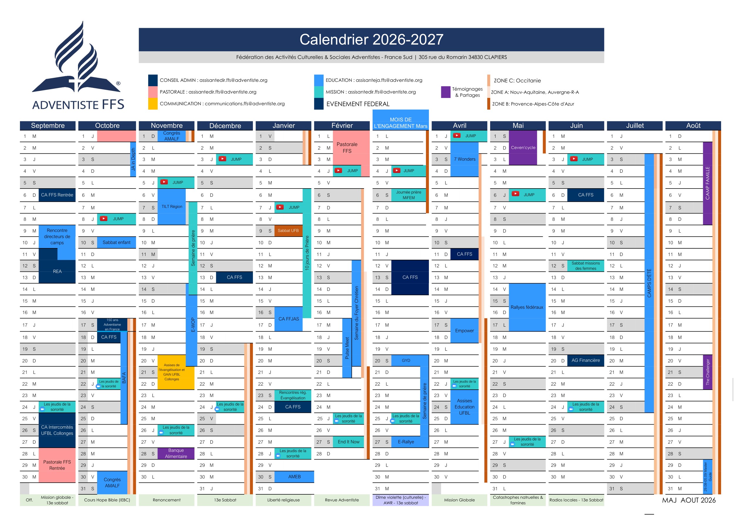 Calendrier AdventisteFFS 2026-2027 — mise à jour août 2026