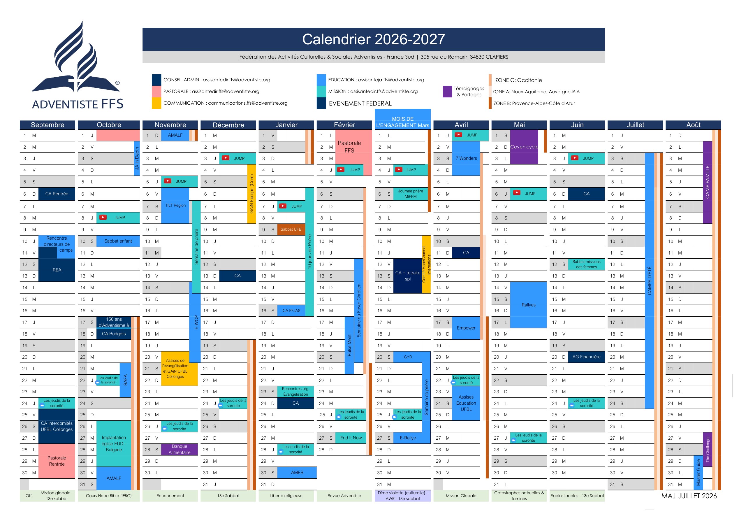 Calendrier AdventisteFFS 2026-2027 — mise à jour juillet 2026