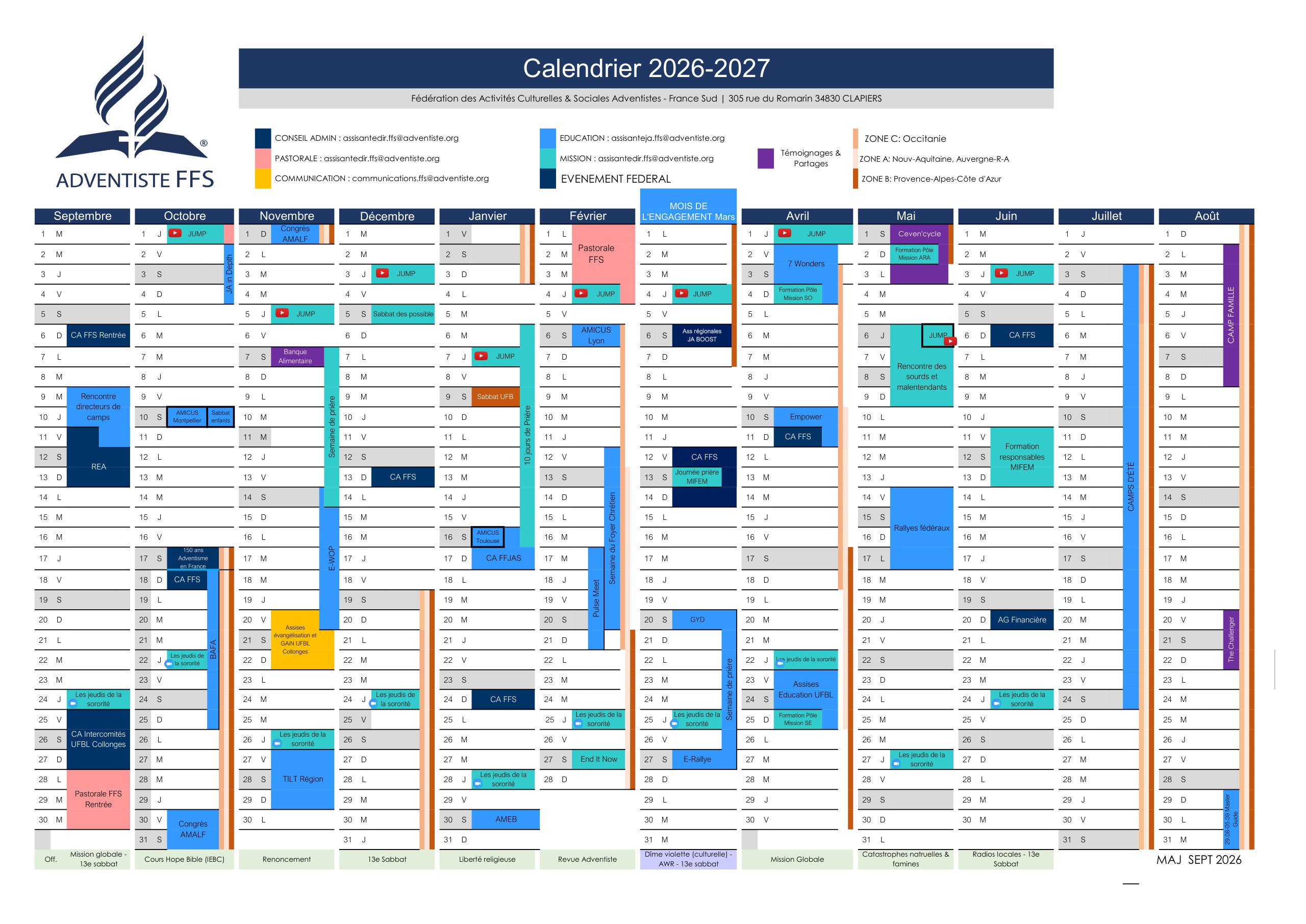 Calendrier AdventisteFFS 2026-2027 — mise à jour septembre 2026