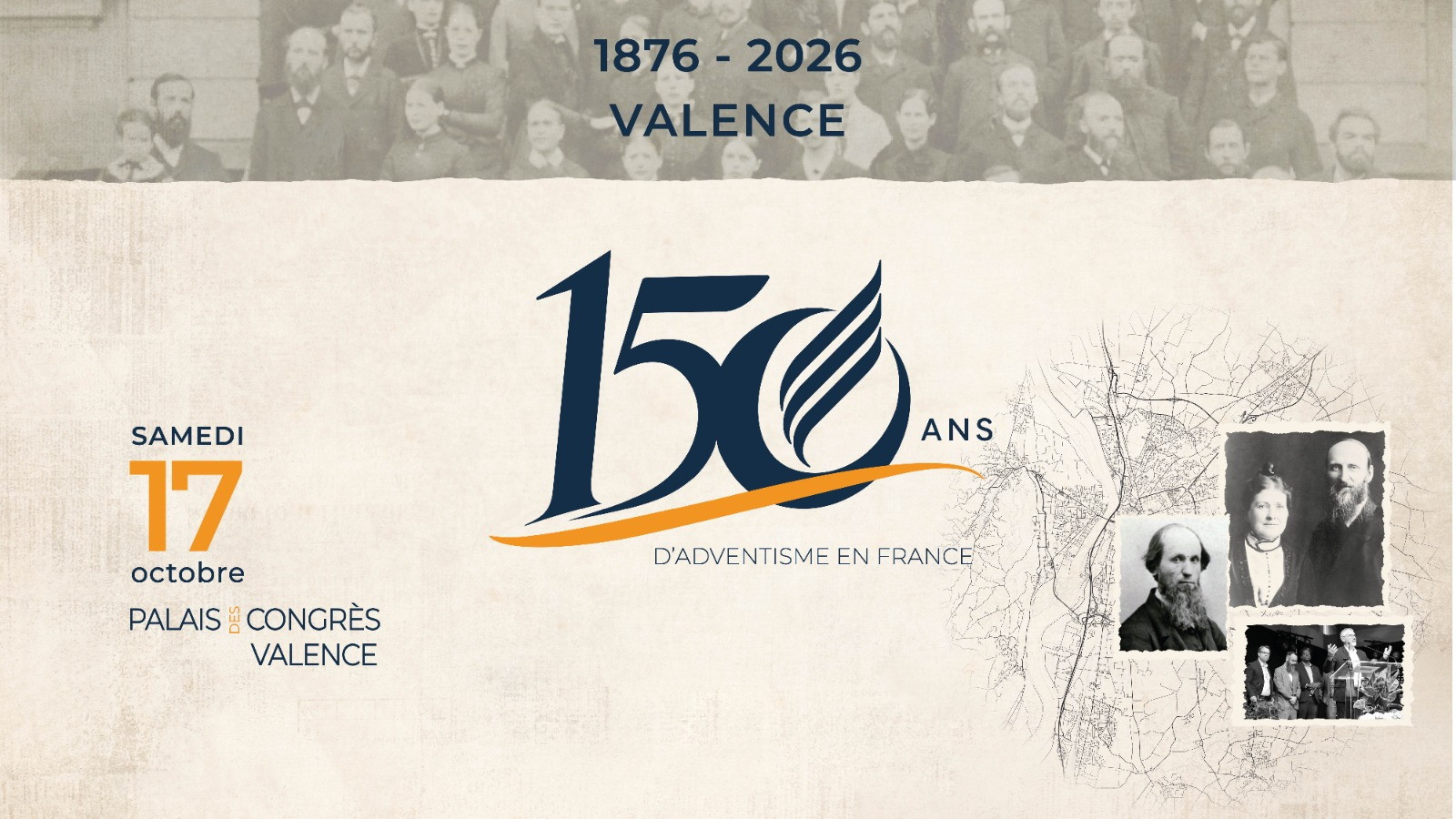 Bannière des 150 ans d’adventisme en France — samedi 17 octobre 2026 au Palais des congrès de Valence